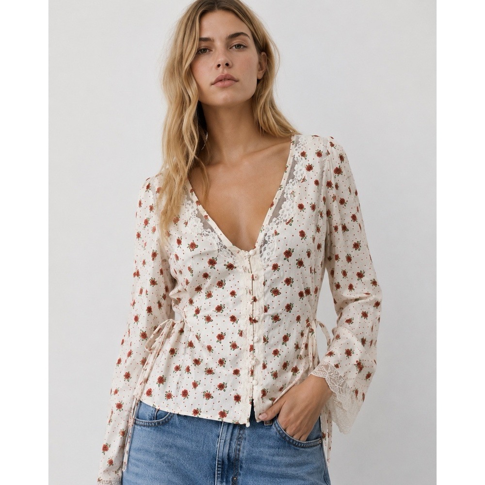 Free People Rose Print Lace Tie Front Blouse NWT Women's Size L Ivory Combo